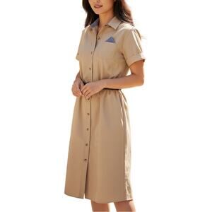 Vintage Khaki Shirt Dress Womens Sz Medium 80s Union Made Belted Safari Business